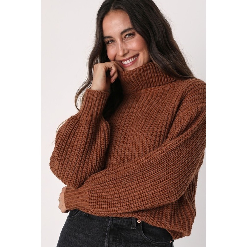 Lulus Fireside Friend Brown Turtleneck Slouchy Sweater - Size XS
